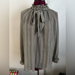 EUC CUPIO long sleeve black and tan blouse with neck tie, Size PL